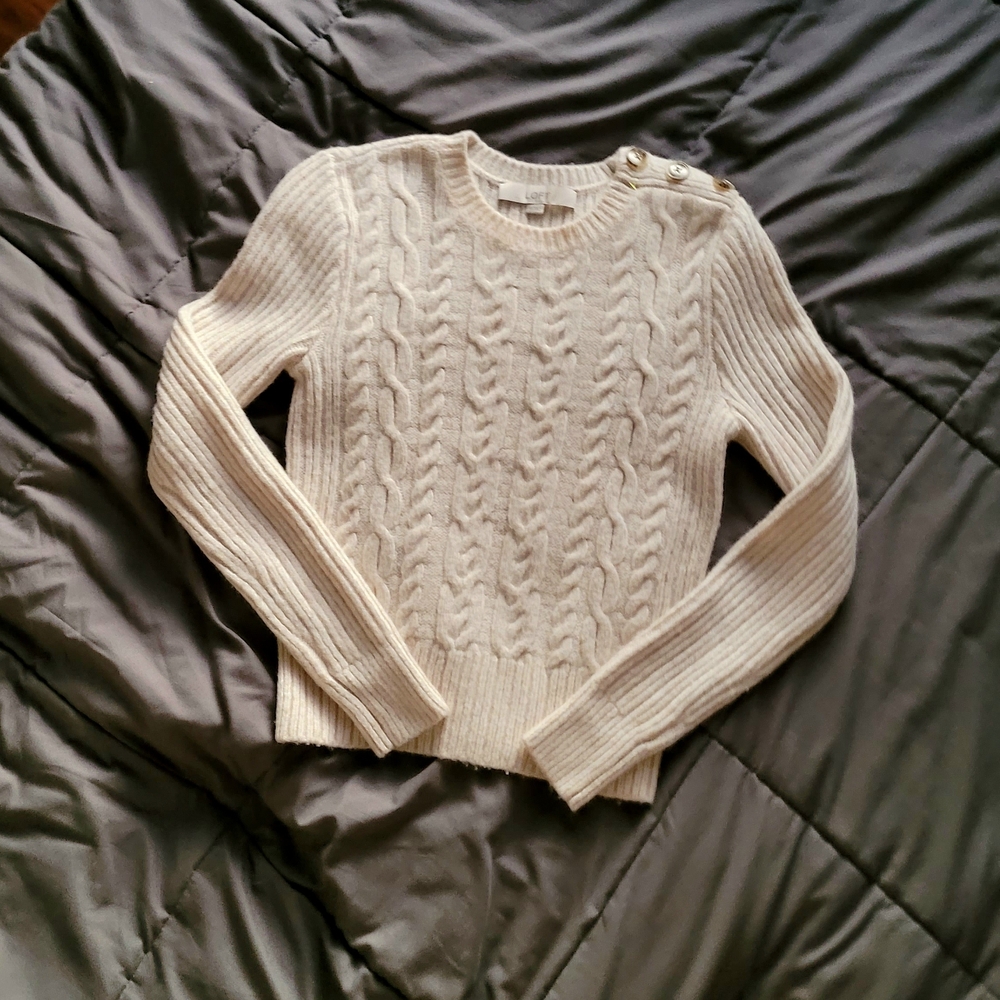 LOFT Ivory Cable Knit Sweater with Button Detail